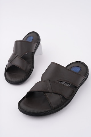 Muggo Eco Garantili Erkek Günlük Hakiki Deri Rahat Yumuşak Taban Ortopedik Terlik Kahverengi