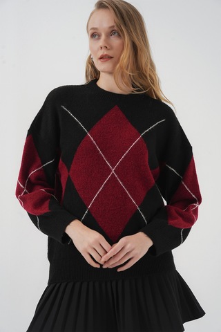 Bigdart 15895 Baklava Desenli Oversize Triko Kazak - D. Siyah