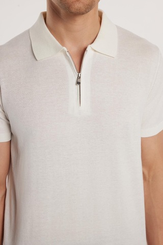 Tudors Erkek Slim Fit Dar Kesim Pamuklu Örme Triko Fermuarlı Beyaz Polo Yaka Tişört-33177 Beyaz