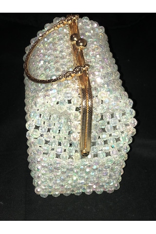 Clutch,, Boncuk Abiye Çanta Beyaz