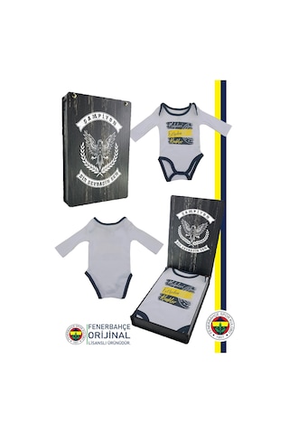Fenerbahçe Lisanslı Kalpleri Fetheden Renkler Bebek Body Zıbın Hediyelik Ahşap Kutulu Beyaz