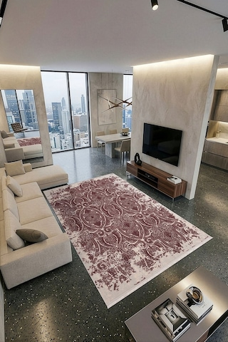 İpeksi Ip025l Gri Bordo Modern Desen Pamuk Taban Salon Mutfak Halısı Tozu Yok Grı-bordo