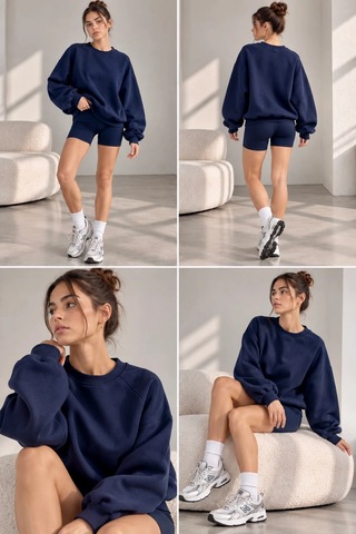 Bbbutikbasic Kadın Şardonlu 3 İplik Kısa Reglan Kol Sweatshirt My3535 Lacivert