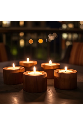 4'lü Doğal Ham Ahşap Tealight Mumluk Seti + 4 Adet Mum Hediyeli