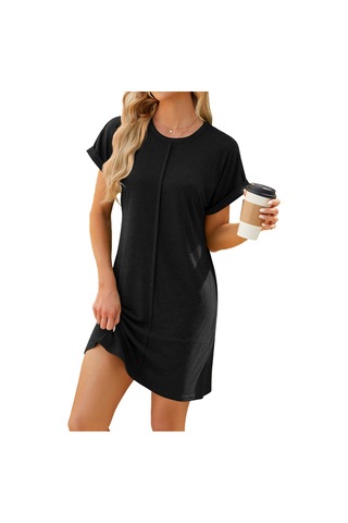 Sones Kadın Organik Pamuk Kısa Kollu Midi Elbise Rahat Bol Kesim Saf Renk İlkbahar Yaz Elbisesi Siyah