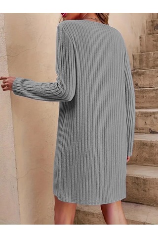 Kadın Uzun Kollu V Yakalı Kısa Şardonlu Kaşkorse Elbise Gri