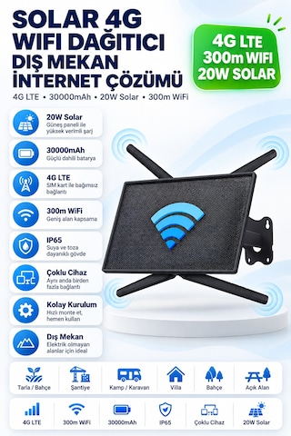 Solar 4g Lte Wifi Dağıtıcı Router 20w Güneş Paneli, 30.000mah Batarya 300m Kapsama