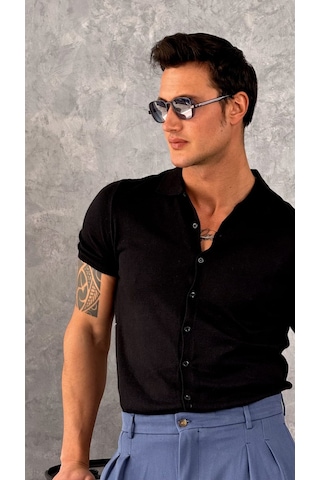 Modefendi Slim Fit Polo Yaka Triko Pamuk Kısa Kollu Gömlek Siyah