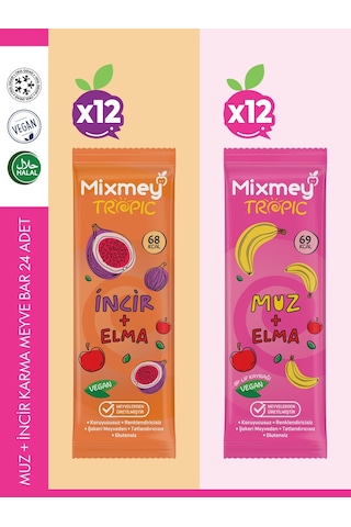 Muz + İncir Karma Meyve Barı 24 Adet Atıştırmalıklar Vegan, Glutensiz 20gr X 24 Adet