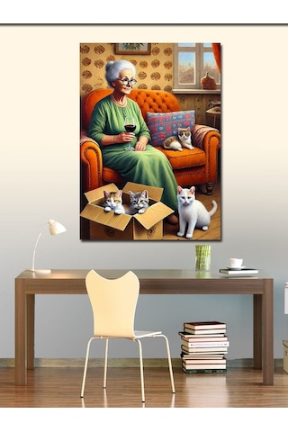 Kanvas Tablo Yaşlı Kadın Ve Kedi Dostları 50cmx70cm