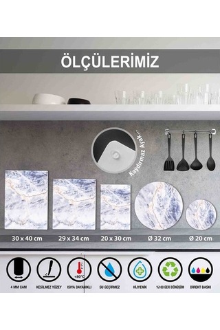 Sabanbaba Dekoratif Cam Kesme Tahtası Beyaz Mermer 30 X 40 Cm C