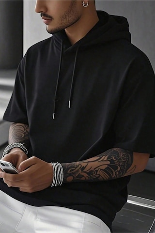 Tarz Cool Erkek Oversize Kısa Kollu Kapüşonlu Tişört Sweatshirt Siyah