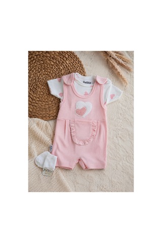 Uğur Bebe Kız Bebek 3 Parça Pembe Renk Kalpli Tulum Seti %100 Pamuk Çıtçıtlı Body Ve Çorap Dahil Yenidoğan Bebek Tulum Pembe Pembe