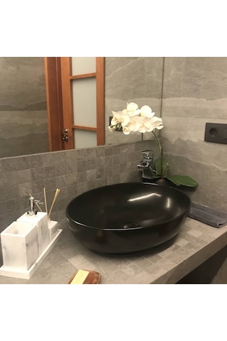 Idevit Mat Siyah Çanak Tezgahüstü Daire Lavabo 46CM Hariç
