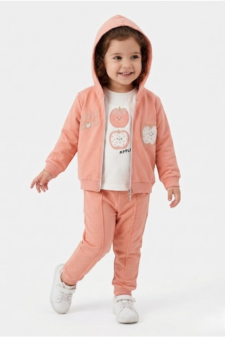 Toontoy Kids Toontoy Kız Çocuk 3'lü Eşofman Takımı Uzun Kollu Bisiklet Yaka Nakışlı T-shirt - Kapüşonlu Fermuarlı Hırka- Beli Paçası Lastikli Eşofman Altı 25040 Pudra