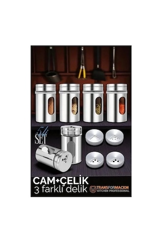 Cam+çelik Tuzluk Biberlik Karabiberlik 3 Farklı Delikli 5 Li Set 721945 Diğer
