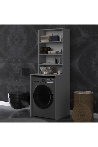 Asra Trend Çamaşır Makinesi Üstü Banyo Dolabı BD-04 %100 MDF 4 Katlı Organizer Raf Antrasit