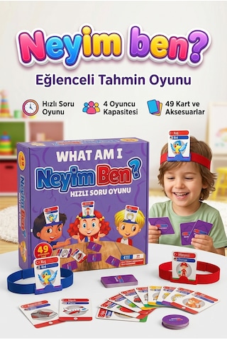 Neyim Ben 4 Baş Bantlı 49 Kartlı 20 Jetonlu Eğlenceli Hızlı Eğitici Oyuncak Kutu Oyunu