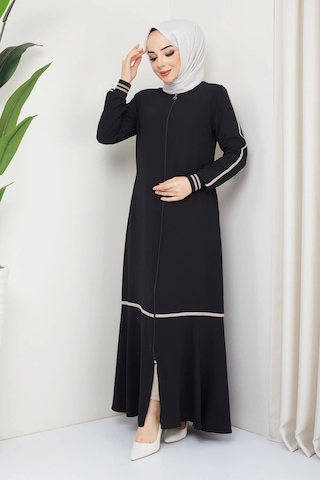 Siyah Kol Ribanalı Şeritli Medine Ipeği Ferace Siyah