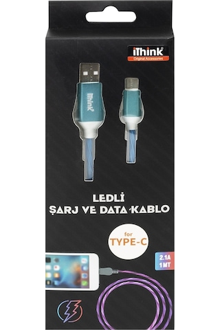 İthink K80C Usb To Type-c Led Işıklı Kablo Mavi