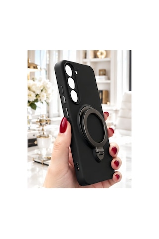 Tecno Spark 40 Pro İle Uyumlu 360 Derece Dönebilen Kalın Metal Magsafe Halka Stantlı İçi Kadife Korumalı Ultra Lüx Premium Silikon Kılıf Siyah