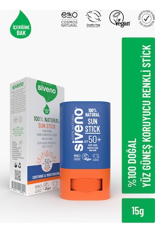 Siveno 100% Doğal Stick Güneş Koruyucu Mineral Filtreli Renkli Ton Eşitleyici Hassas Uva Uvb Spf50+ 15 G
