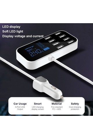 Sandwich A9s 8 Yuva Usb Şarj Cihazı, 12-24v 40w Led Ekranlı Akıllı Telefon Tablet Dvr Şarjör