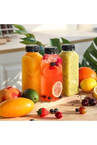 Ml Smoothie Detoks Şişesi 250 Cc Kapaklı Şeffaf Plastik Şişe Detox Köşeli Dondurucuya Uygun 6 Adet