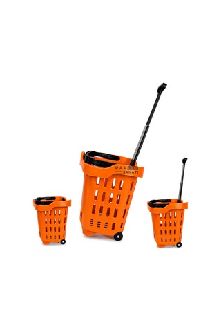 43 Lt Tekerlekli Market Sepeti Plastik Alışveriş Sepeti Ergonomik Çift Saplı Turuncu
