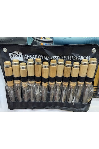 12 Parça Profesyonel Iskarpela Ahşap Saplı Oyma Seti Özel Çantalı