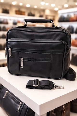 Newish Polo Hakiki Deri Postacı El Çantası Yan Kasasız Model - Orta Siyah