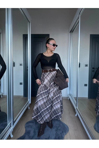 Keymoda Kadın Ekoseli Kemerli Etek Kahve Bej Kahverengi
