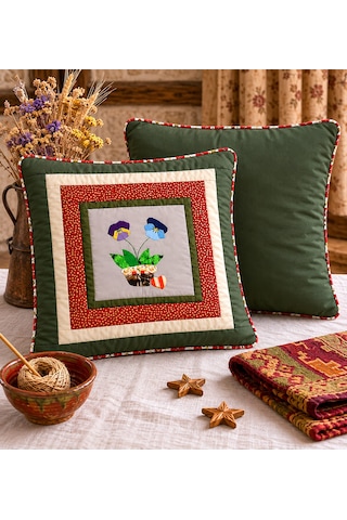 Poplin Pamuklu Kırkyama Patchwork Dekoratif Kırlent Kılıfı 45x45 Cm Çimen Yeşili