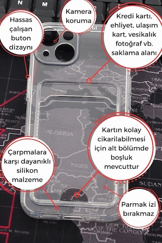 Apple Uyumlu iPhone 13 Kredi Kartlıklı Şeffaf Kılıf Kamera Korumalı