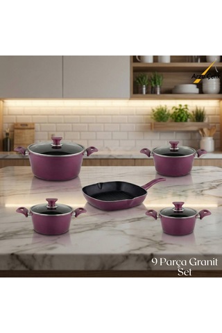 9 Parça Granit Set Cam Kapak - Mürdüm Mürdüm