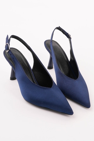 Alewomen Lacivert Saten Sivri Burun Arka Açık 9 Cm Topuk Mayra Stiletto Kadın Ayakkabı Lacivert Saten