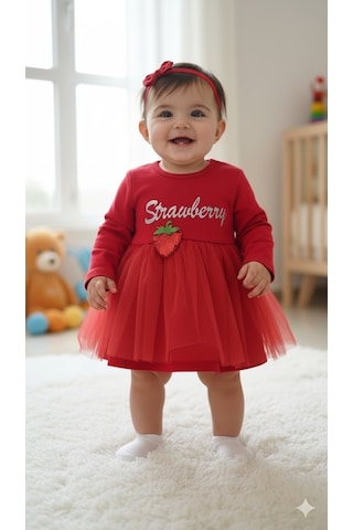 Kız Bebek Yılbaşı Noel Temalı Çilek Elbise Kırmızı