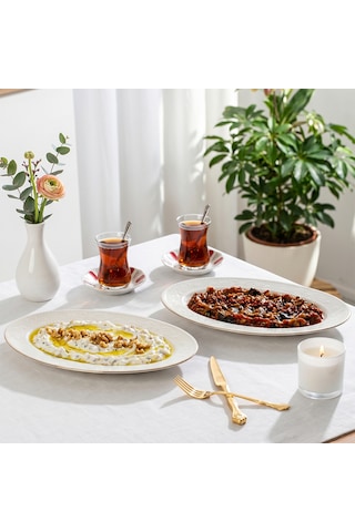 Porsima 4455 Burçak Porselen Altın Fileli Kayık Tabak Seti - Oval Kahvaltılık Sunumluk Seti 30cm Beyaz