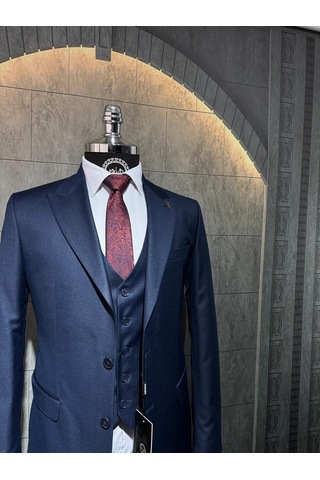 Dupont Classics Dupont Erkek Slim Fit 6 Drop Filafil Viskon Sivri Yaka Çift Yırtmaç Yelekli Takım Elbise Lacivert