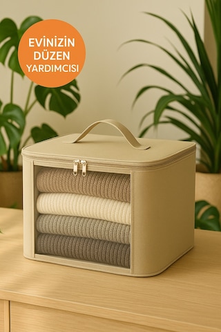 Şeffaf Kapaklı Hurç 28x32x15 Cm Orta Boy Dolap İçi Kıyafet Ve Havlu Düzenleyici Altın