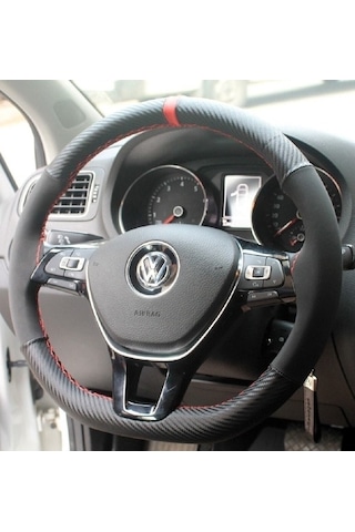 Vw Polo 2004> Dikmeli Direksiyon Kılıfı alkantara karbon Kırmızı