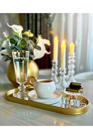 Ucr Home 2 Adet Aden Aynalı Duvara Asılabilen Dekor Ve Kahve Sunumluk Gold Tepsi 12x30 Cm Altın - Gold