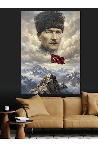 Dağ Zirvesinde Atatürk Ve Bayrak Dekoratif Kanvas - Mdf Ahşap Tablo