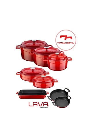 Lava Döküm Sekizli Tencere Tava Seti Trendy Kırmızı Silikon Tuta