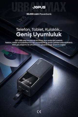 Jopus 30000mah Powerbank Lcd Ekranlı Taşıma Askılı Güçlü Taşınabilir Şarj Cihazı Siyah
