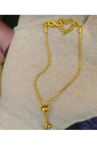 Kadın Gold Renk Zirkon Taşlı Kalpli Asansörlü Bileklik Gold