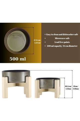 Yılmazel Seramik Mama Su Kabı Evcil Hayvanlar İçin Çift Taraflı Ahşap Ayaklı