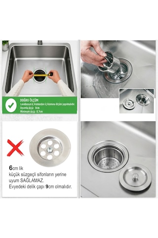 Derin Sepetli Büyük Mutfak Evye Lavabo Sifonu Paslanmaz Geniş Süzgeç Gider Borusu Gri