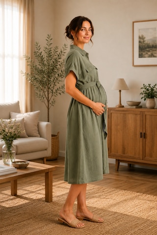 Luvmabelly Myra5860 Doğal Yumuşacık Müslin Kumaş - Yazlık Gömlek Hamile Elbise - Yeşil