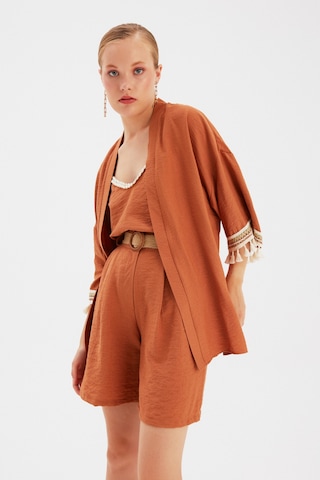 Sateen Kol Detaylı Salaş Keten Kimono - Taba